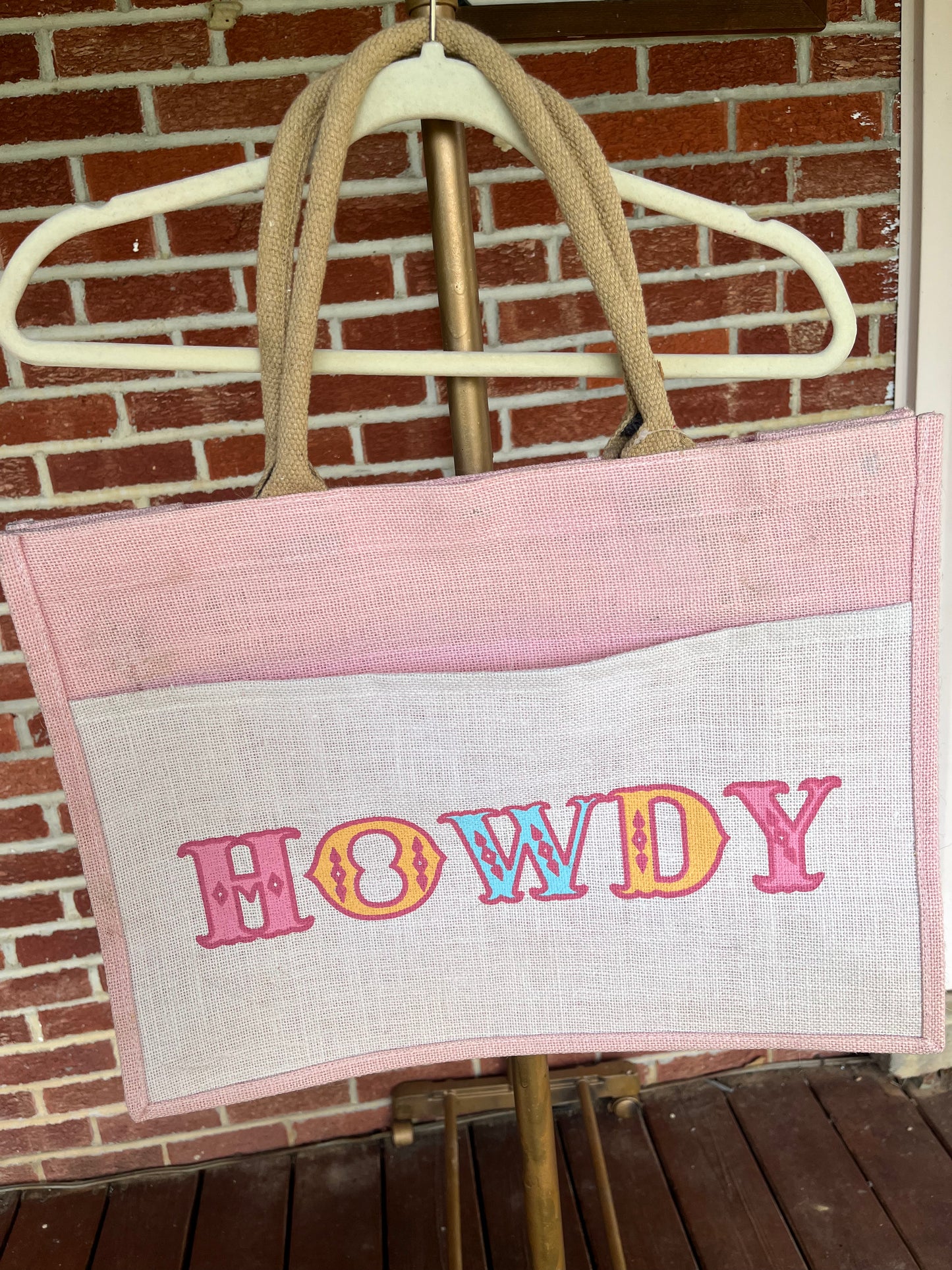 Burlap Howdy Tote