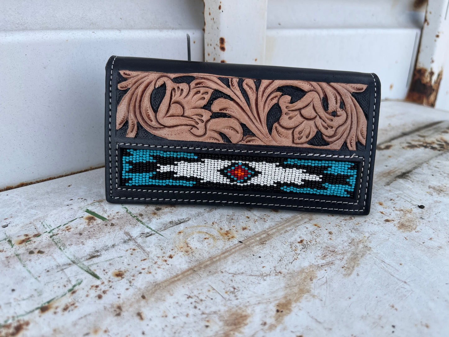 Beaded/tooled Leather Wallet