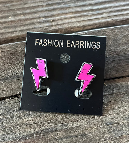 Hot Pink Lightning Bolt Studs